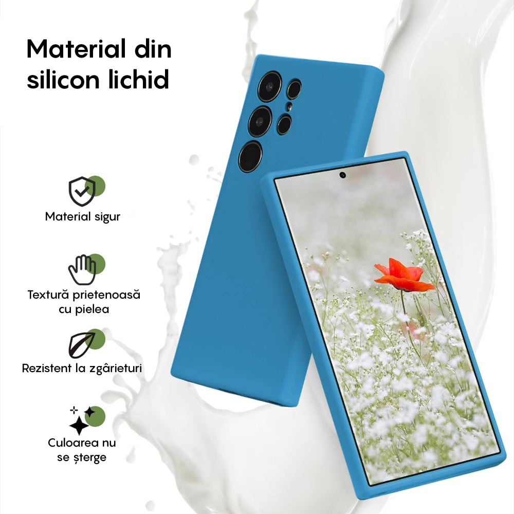Husa CASEY STUDIOS™ compatibila cu Samsung Galaxy S24 Ultra, Soft Silicone Premium, Microfibra in Interior, de Protectie, Ultra Slim, pentru Incarcare Wireless, Margini Ridicate pentru Protectia Ecranului si a Camerelor, Albastru aquamarin