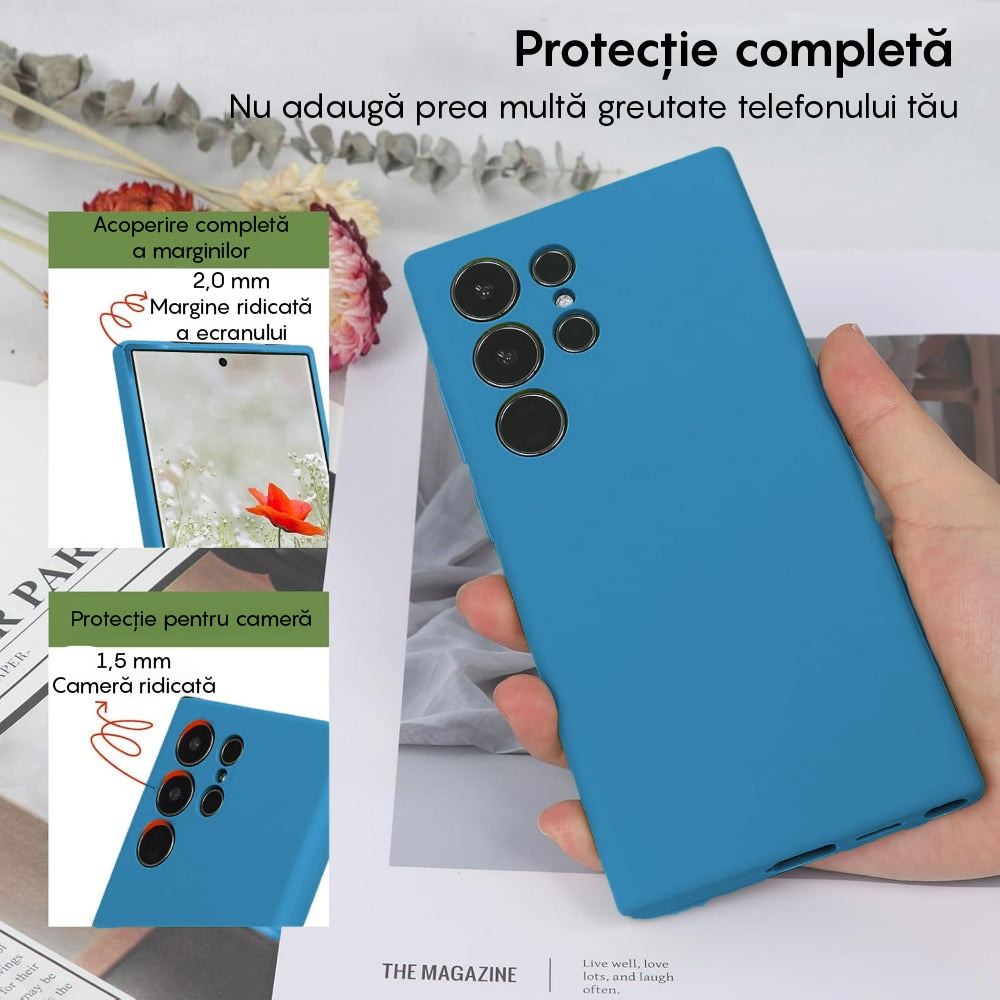 Husa CASEY STUDIOS™ compatibila cu Samsung Galaxy S24 Ultra, Soft Silicone Premium, Microfibra in Interior, de Protectie, Ultra Slim, pentru Incarcare Wireless, Margini Ridicate pentru Protectia Ecranului si a Camerelor, Albastru aquamarin