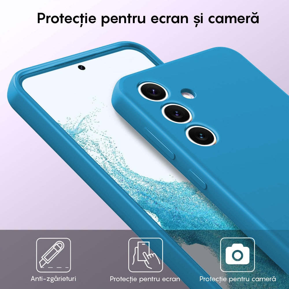 Husa CASEY STUDIOS™ compatibila cu Samsung Galaxy S24, Soft Silicone Premium, Microfibra in Interior, de Protectie, Ultra Slim, pentru Incarcare Wireless, Margini Ridicate pentru Protectia Ecranului si a Camerelor, Albastru aquamarin