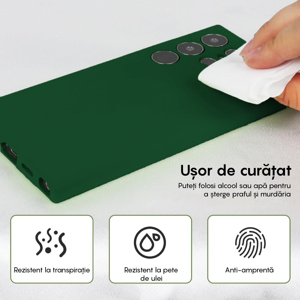 Husa CASEY STUDIOS™ compatibila cu Samsung Galaxy S24 Ultra, Soft Silicone Premium, Microfibra in Interior, de Protectie, Ultra Slim, pentru Incarcare Wireless, Margini Ridicate pentru Protectia Ecranului si a Camerelor, Verde inchis