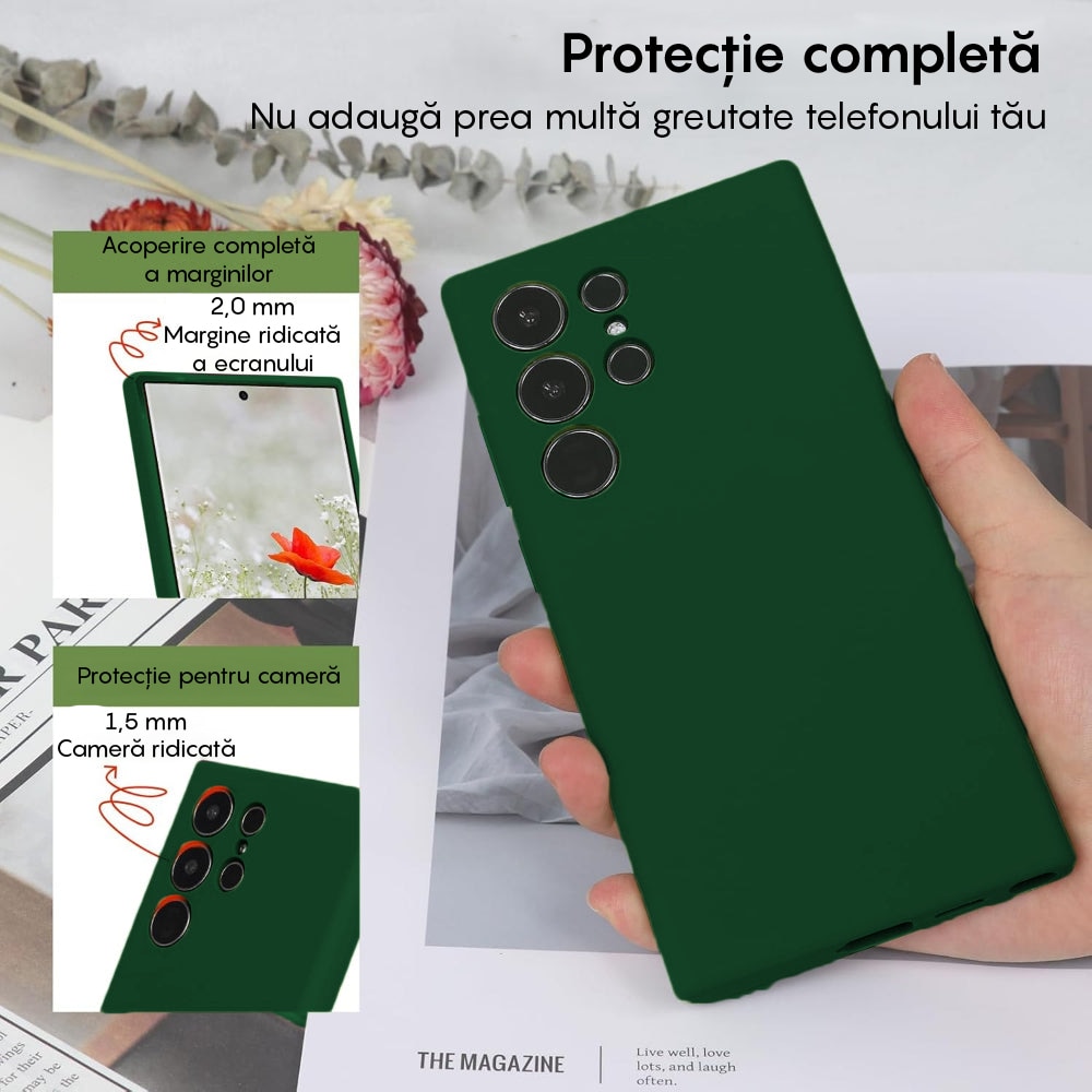 Husa CASEY STUDIOS™ compatibila cu Samsung Galaxy S24 Ultra, Soft Silicone Premium, Microfibra in Interior, de Protectie, Ultra Slim, pentru Incarcare Wireless, Margini Ridicate pentru Protectia Ecranului si a Camerelor, Verde inchis