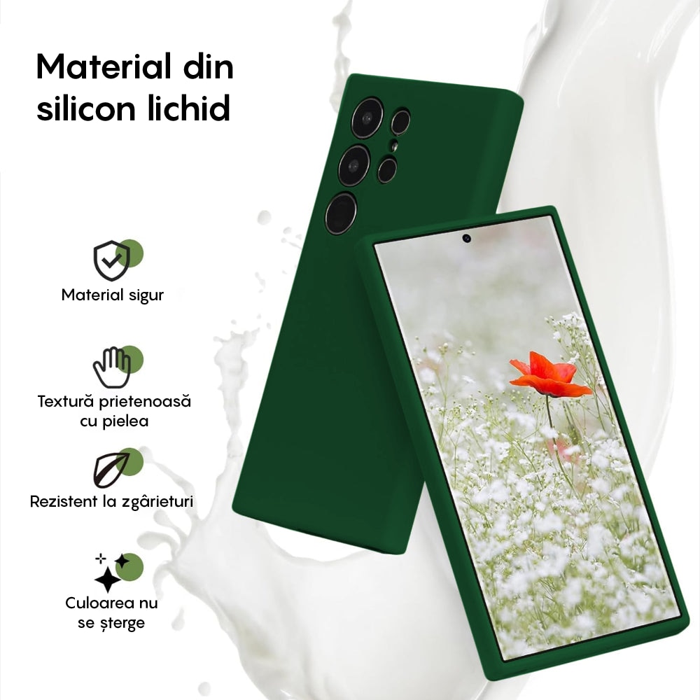 Husa CASEY STUDIOS™ compatibila cu Samsung Galaxy S24 Ultra, Soft Silicone Premium, Microfibra in Interior, de Protectie, Ultra Slim, pentru Incarcare Wireless, Margini Ridicate pentru Protectia Ecranului si a Camerelor, Verde inchis
