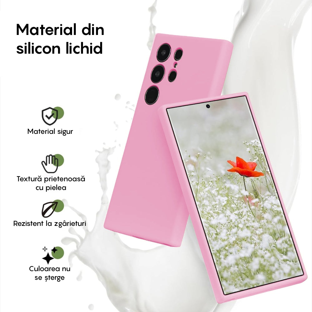 Husa CASEY STUDIOS™ compatibila cu Samsung Galaxy S24 Ultra, Soft Silicone Premium, Microfibra in Interior, de Protectie, Ultra Slim, pentru Incarcare Wireless, Margini Ridicate pentru Protectia Ecranului si a Camerelor, Roz