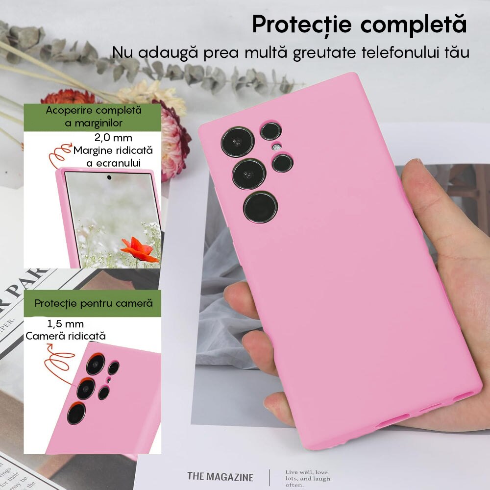Husa CASEY STUDIOS™ compatibila cu Samsung Galaxy S24 Ultra, Soft Silicone Premium, Microfibra in Interior, de Protectie, Ultra Slim, pentru Incarcare Wireless, Margini Ridicate pentru Protectia Ecranului si a Camerelor, Roz