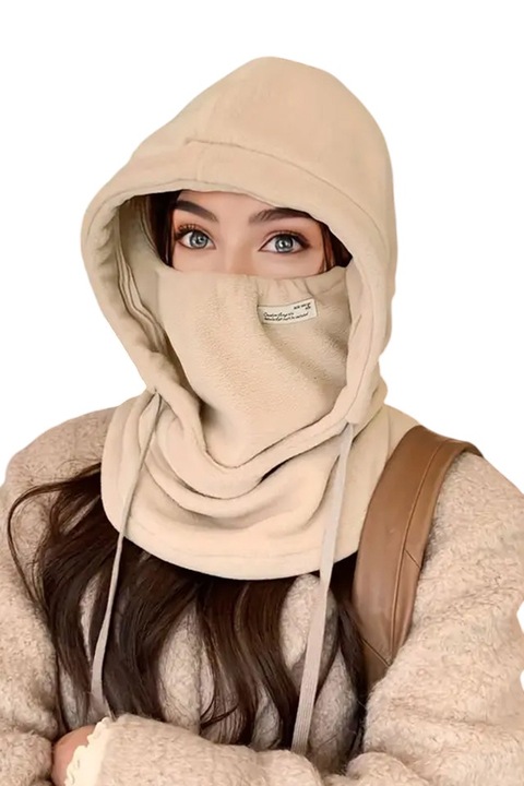 Дамска шапка, модел топла качулка, с висока яка, регулируема, тема ski is my passion, универсален размер, светлокафява, EFAYN