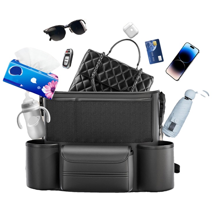Organizator auto, negru, din piele, cu multiple compartimente, pentru scaune fata si spate