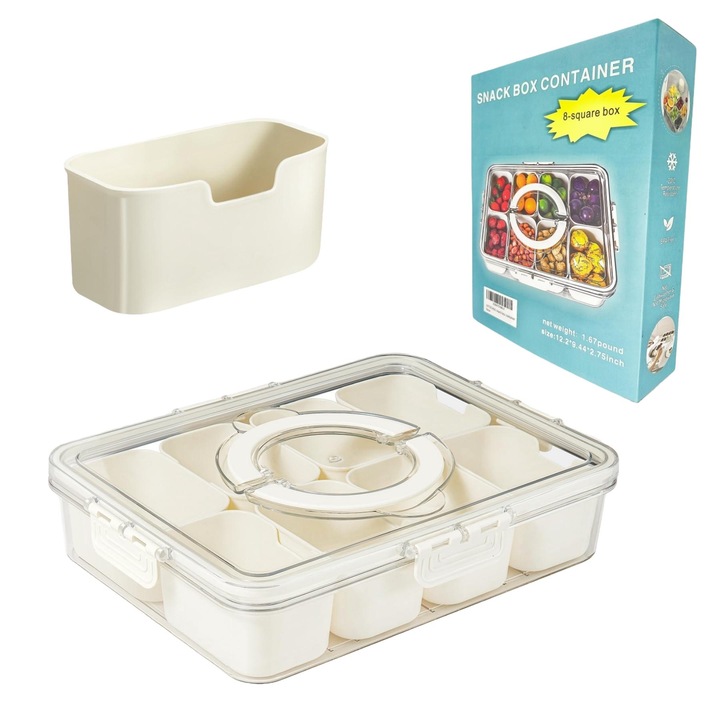 Caserola LYCENXI Snackle Box, 8 compartimente, alb, 28x21x6.5cm