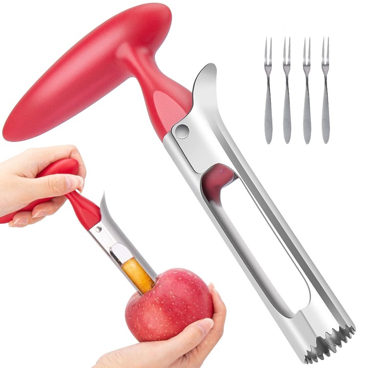 SINBINTA almamag kihúzó, 4 db gyümölcsvillával, Ergonomikus nyéllel, Tartós, Nem deformálódik, Univerzális, Könnyen tisztítható, Kitchen Craft, Rozsdamentes acél/ABS, 17,5x10 cm, Ezüst/Piros