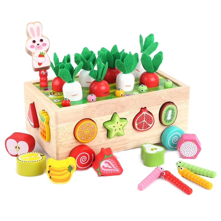 Монтесори образователна дървена играчка, Axroad Mall, играчки за сортиране по фигури, развиващи фини двигателни умения, с блокчета плодове, моркови и животни, безопасна и нетоксична, за момчета и момичета 1-4 години, многоцветна