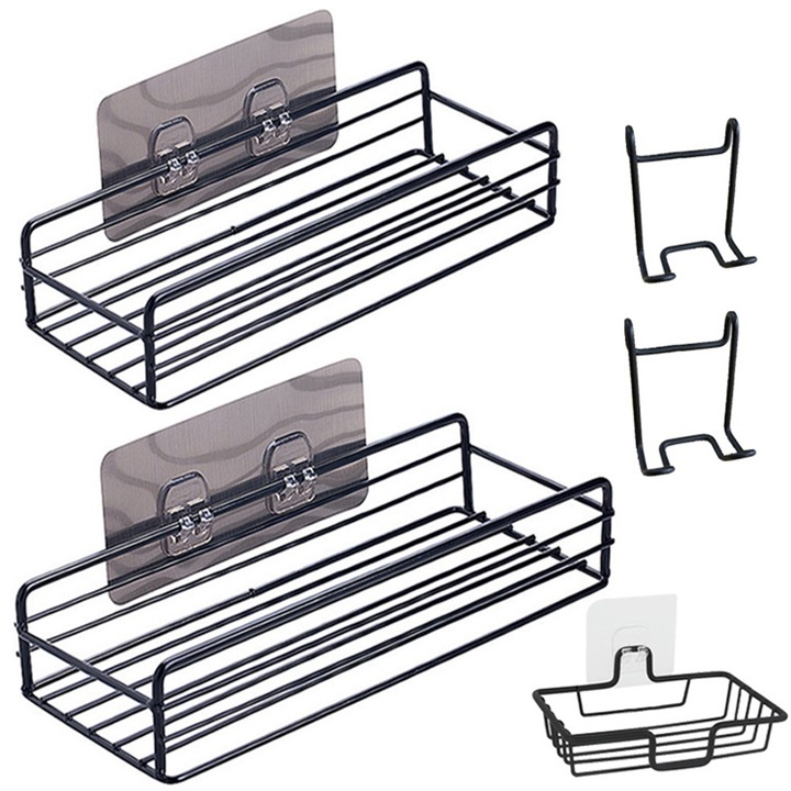 Set Raft de Dus, organizator baie, Raft metalic, Set 3 Rafturi de Dus, pentru bucatarie, baie, Negru