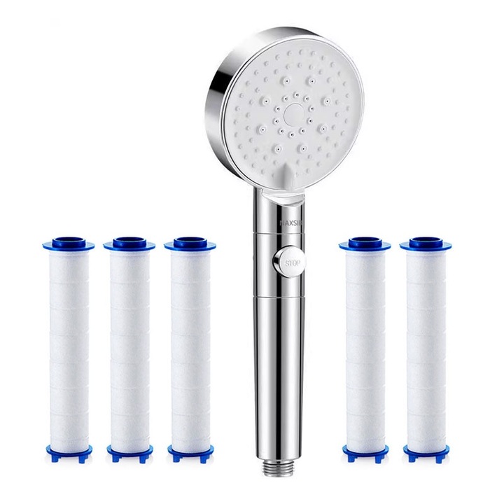 Para Cap De Dus, NAXSIR, duze de silicon anti-infundare, functie economisire apa, 6 moduri jet, 5 filtru de bumbac, buton on/off, detasabil, argintiu