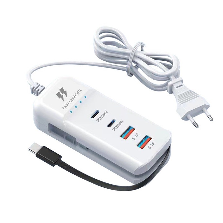 Хъб адаптер 5 в 1, NAXSIR, 2 x USB, 2 x PD, 1 x Type C, бързо зареждане, кабел 1 м, бял