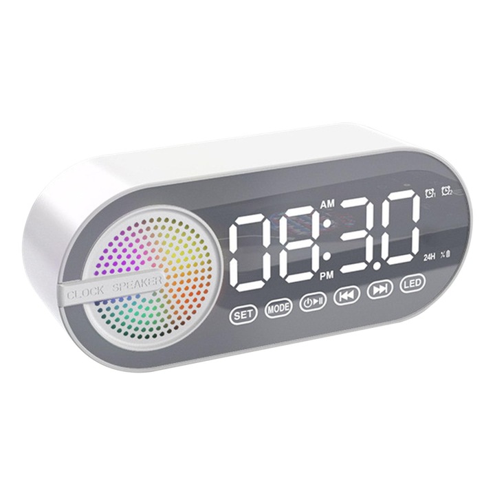 Ceas cu alarma digital, Bluetooth, design modern, display LED, alb