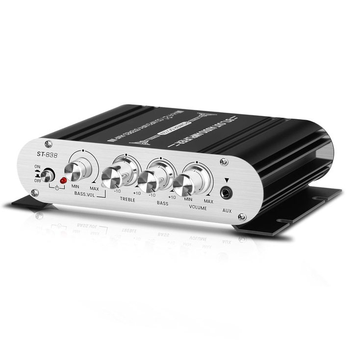ST-838 hangerősítő, 40W, 2 csatorna, mély és magas hangerőszabályzó, AUX bemenet, méretek 15x9x3,3cm