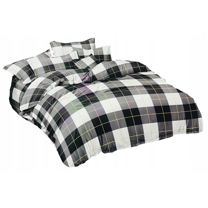 Lenjerie de pat 160x200, Feretti, 2x perne 70x80, micro-satina, gri-alb cu detalii galbene, set