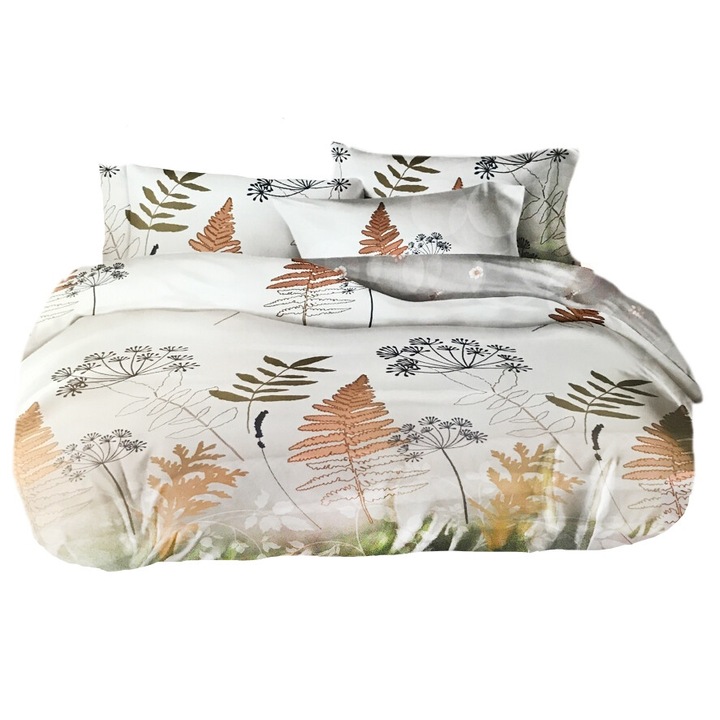 Lenjerie de pat, Feretti, 160x200cm, 2x 70x80cm, microfibra, satin, gri deschis cu flori granat, set 3 piese