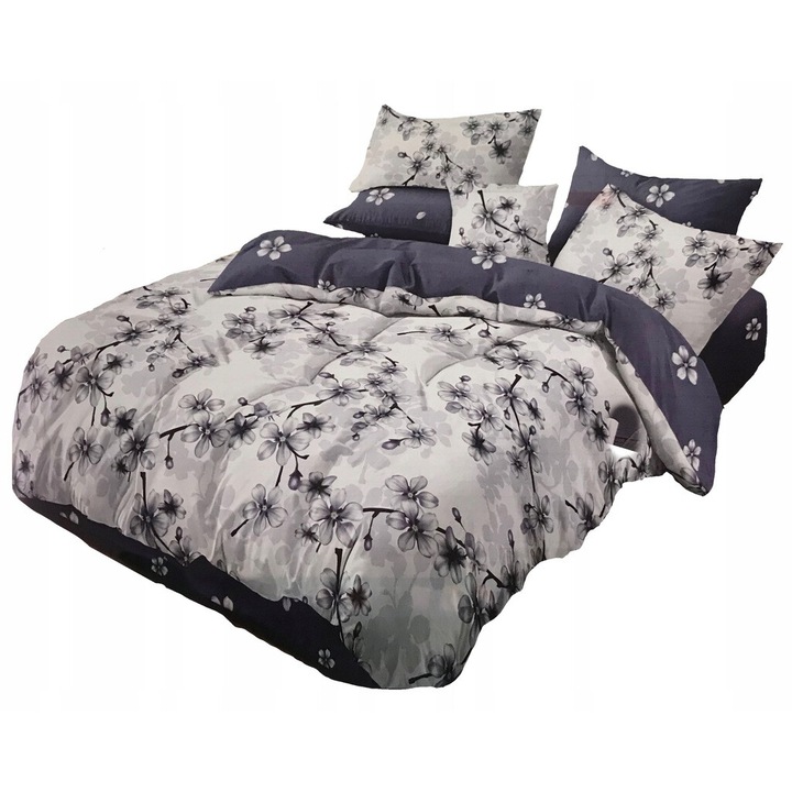 Lenjerie de pat 160x200 + 2 perne 70x80, Feretti, 3 piese, satin, flori gri, set dublu