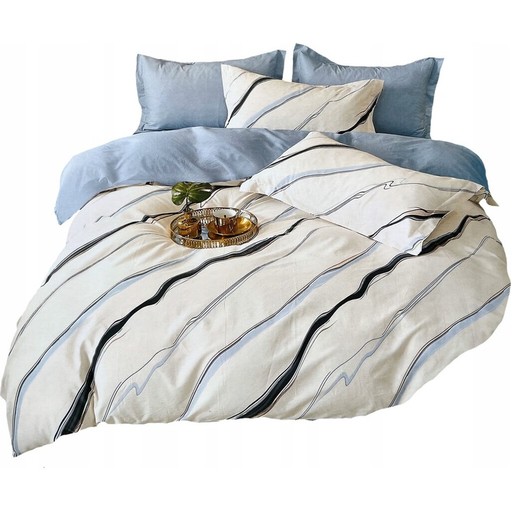 Set lenjerie de pat, Feretti, 160x200cm, 2x perne 70x80cm, marmura crem cu albastru, bumbac satinat 100%