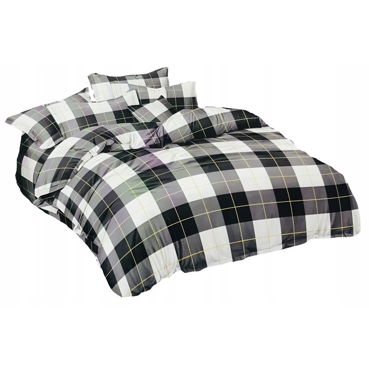 Lenjerie de pat, Feretti, 200x220cm, 2x perne, microfibra, gri-alb cu detalii galbene