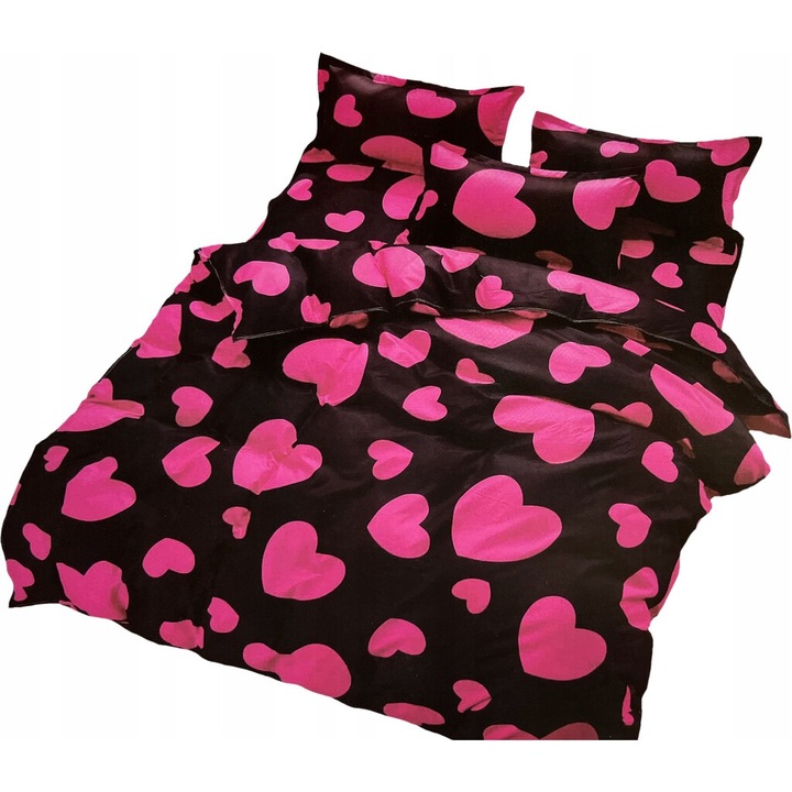 Lenjerie de pat, Feretti, 160x200cm, 2 perne 70x80cm, microfibra satinata, negru cu inimioare roz