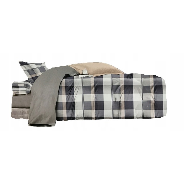 Lenjerie de pat, Feretti, 160x200cm, 2 perne 70x80cm, bumbac satinat, gri cu roz, set