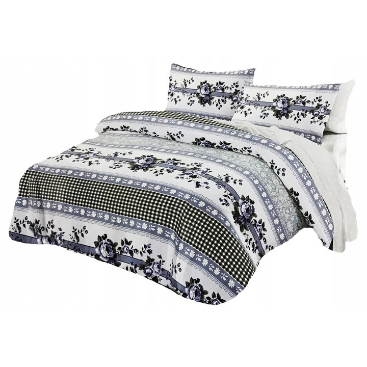 Lenjerie de pat, Feretti, 160x200cm, 2x 70x80cm, microfibra, alb cu flori si dungi