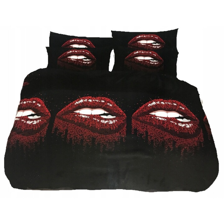 Set lenjerie de pat, Feretti, 200x220cm, 3 piese, microfibra, negru cu buze rosii