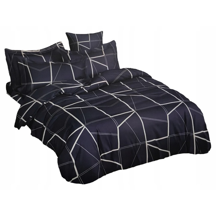 Lenjerie de pat, Feretti, 200x220cm, 2x 70x80cm, microfibra satinat, geometric, albastru cu alb, set 3 piese