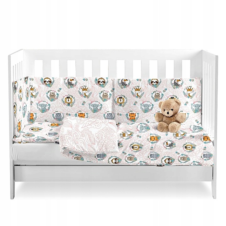 Lenjerie pentru patut, Feretti, colectia ZOO, 100% bumbac, hipoalergenica, set 3 piese cu protectie