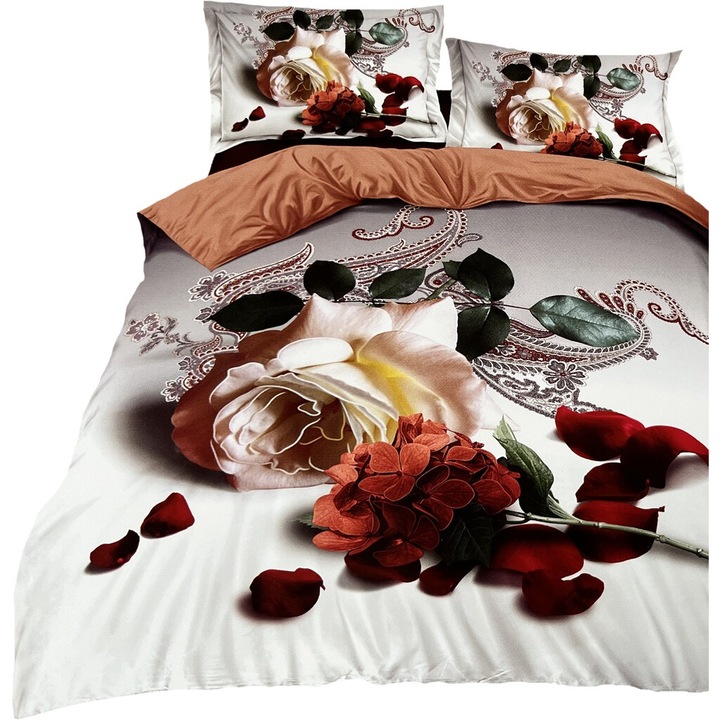 Lenjerie de pat, Feretti, husa pilota 160x200cm, 2 perne 70x80cm, microfibra, model cu flori