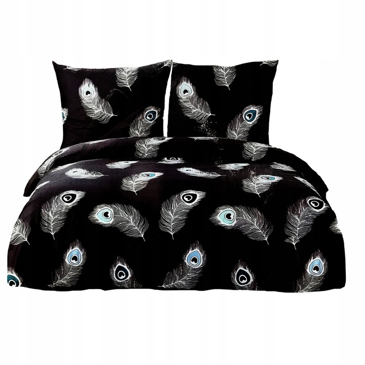 Lenjerie de pat Feretti, 160x200cm, bumbac satinat, neagra cu pene albe si accente bleumarin, set 2 fete de perna