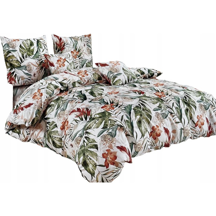 Lenjerie de pat, Feretti, 200x220cm, 2 poshve 70x80cm, bumbac satinat, flori, alb cu verde/rosu