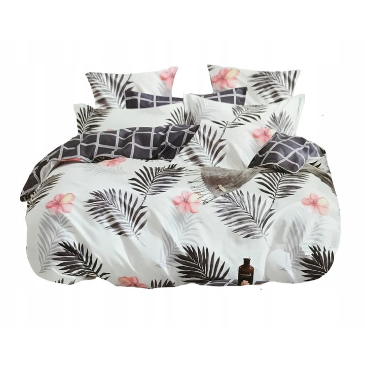 Lenjerie de pat, Feretti, 200x220cm, 2 perne 70x80cm, design frunze, gri cu roz