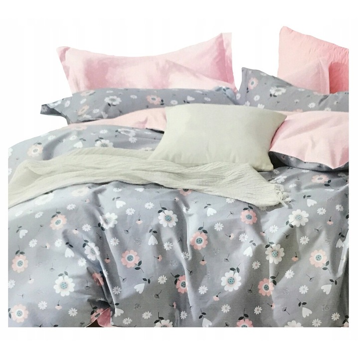 Lenjerie de pat Feretti 200x220cm, 2x 70x80cm, bumbac satinat, gri cu flori