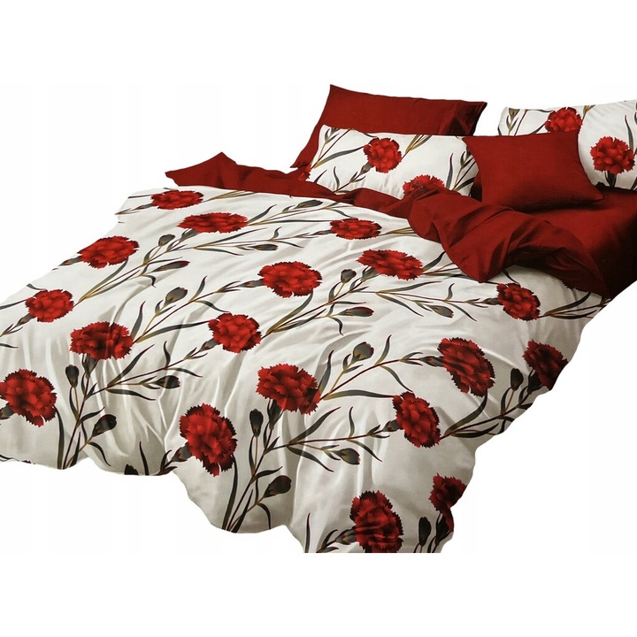 Lenjerie de pat, Feretti, 200x220cm, 3 piese, microfibra, alb cu crizanteme rosii, 70x80cm