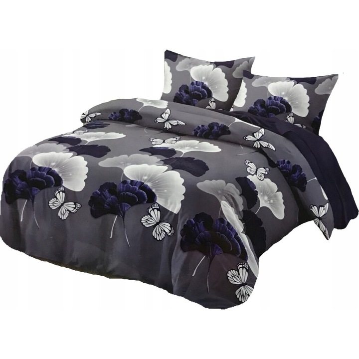 Lenjerie de pat 160x200, Feretti, 3 piese, microfibra satinata, gri cu flori, 70x80cm