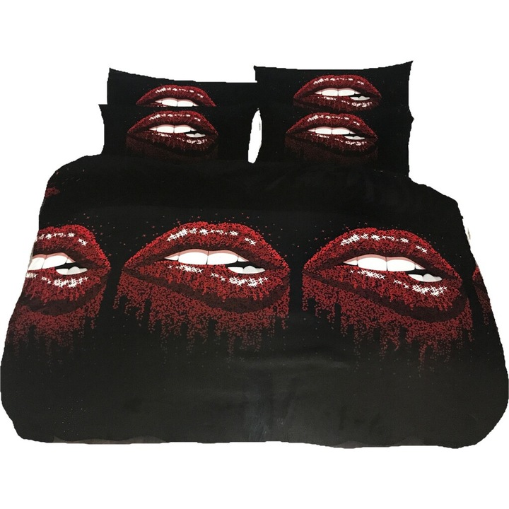 Lenjerie de pat Feretti, 160x200cm, microfibra satinata, 3 piese + 2 perne 70x80cm, neagra cu buze rosii