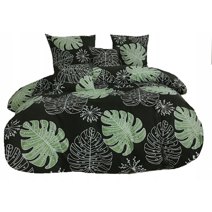 Lenjerie de pat, Feretti, 200x220cm, bumbac satinat, verde cu frunze, 2 perne