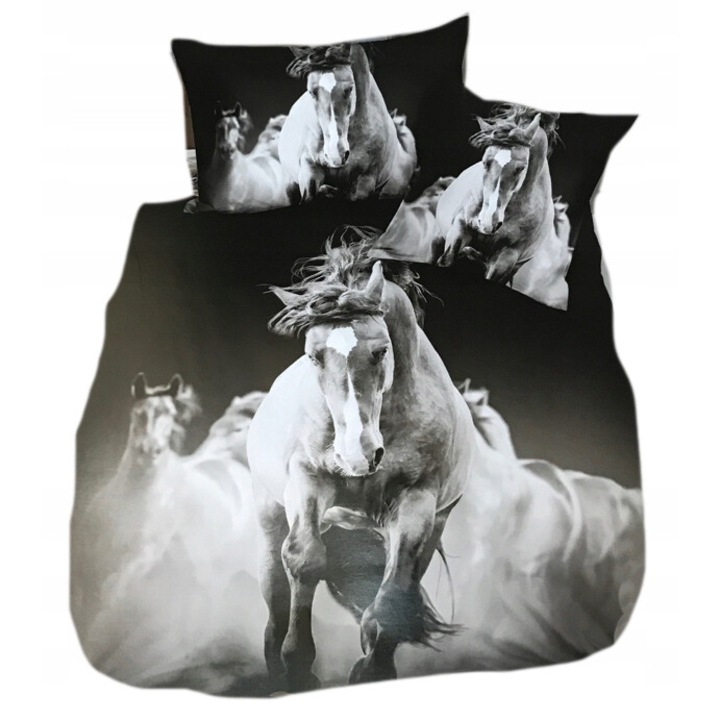 Set lenjerie de pat, Feretti, 160x200cm, microfibra, negru cu cai albi, 2 perne 70x80cm