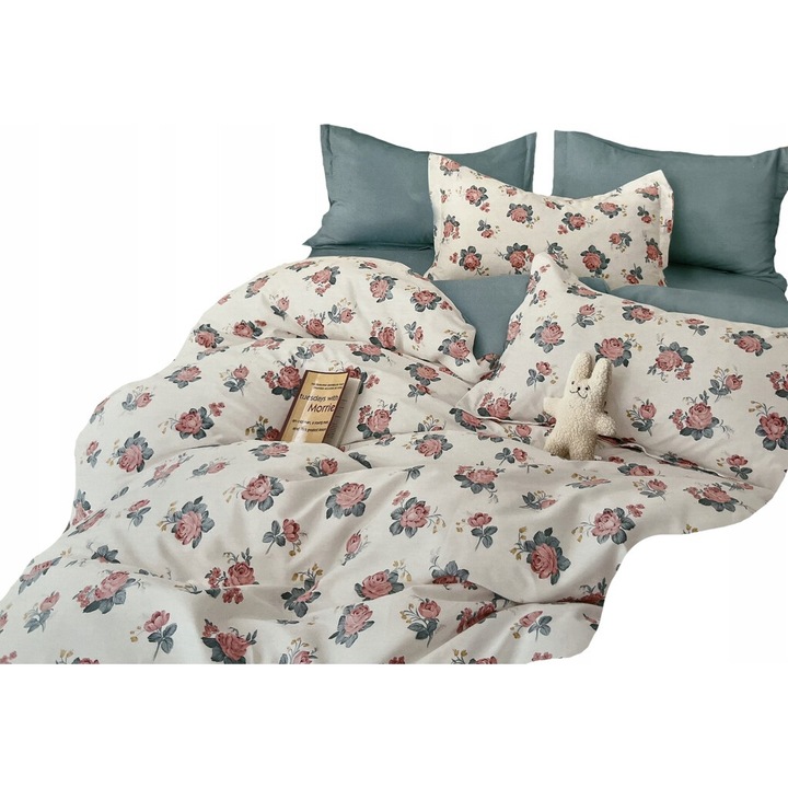 Lenjerie de pat, Feretti, 200x220cm, 2 poshve 70x80cm, roz cu crem, bumbac satinat