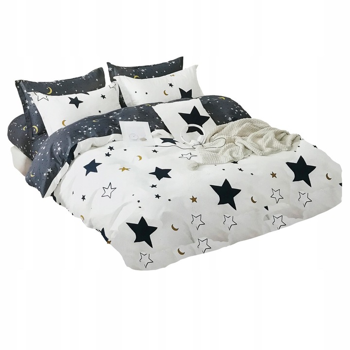 Lenjerie de pat 160x200, Feretti, bumbac satinat, 3 piese, model cu stele, alb cu fundal inchis