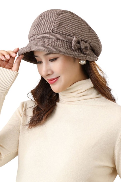 Palarie dama cu accesoriu fundita asortata, model versatil foarte elegant, tematica fancy lady, marime universala, maro inchis, EFAYN