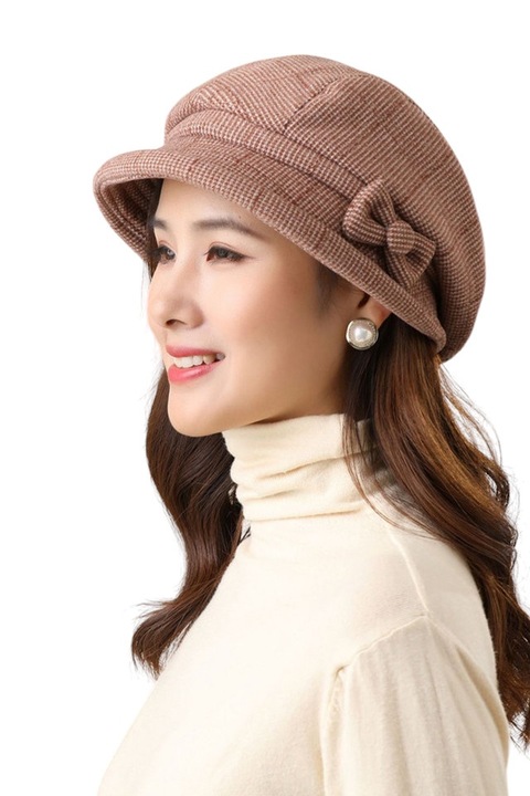 Palarie dama cu accesoriu fundita asortata, model versatil foarte elegant, tematica fancy lady, marime universala, maro deschis, EFAYN