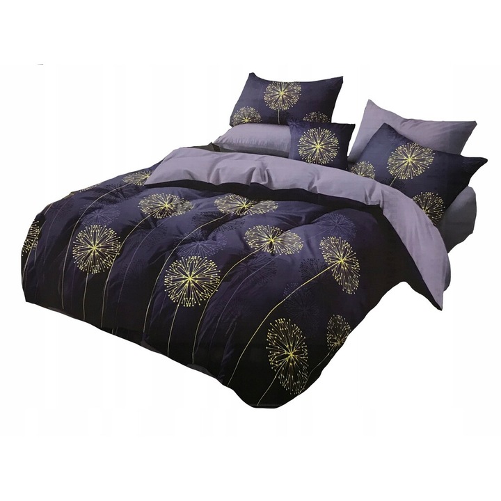 Lenjerie de pat, Feretti, 160x200cm, 2 fete, granat cu flori galbene, 2 perne 70x80cm