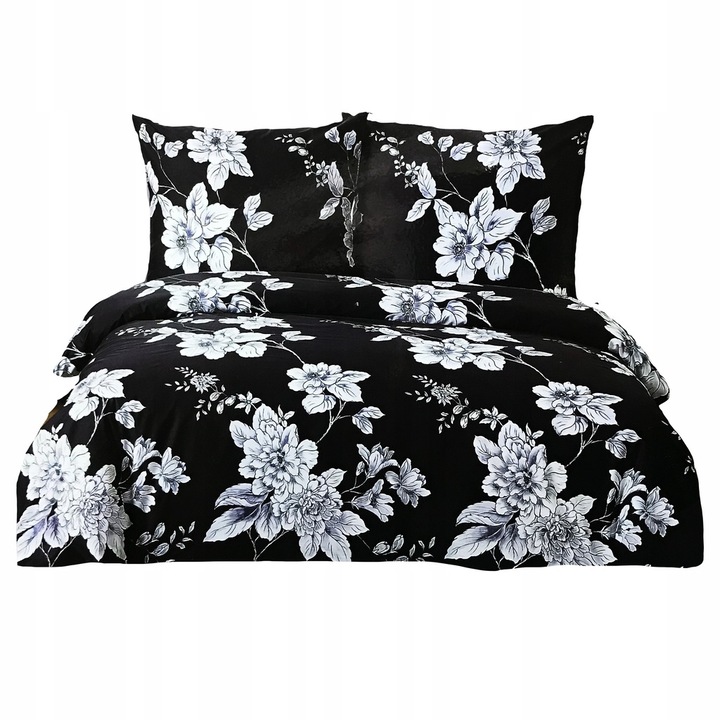 Lenjerie de pat, Feretti, 160x200cm, bumbac satinat, negru cu flori albe, set cu fete de perna