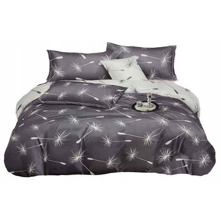 Lenjerie de pat, Feretti, 200x220cm, 3 piese, satin dublu fata, alb cu flori, huse 70x80cm