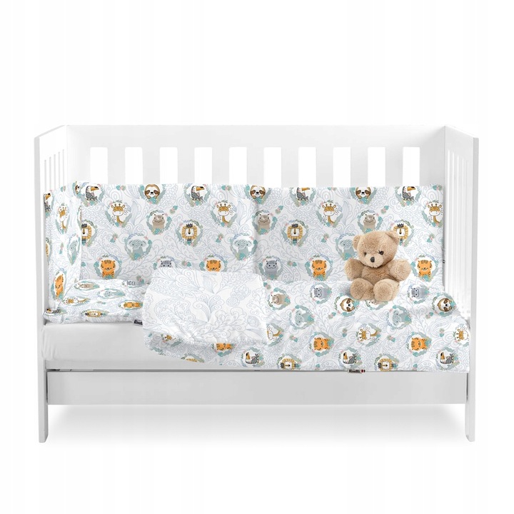 Lenjerie de pat pentru copii Feretti, colectia ZOO, 3 piese, hipoalergenica, 100% bumbac, albastra, 100x135cm