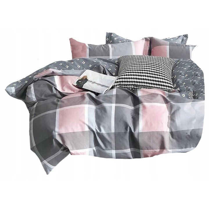 Lenjerie de pat, Feretti, 160x200cm, 2 perne 70x80cm, bumbac satinat, gri cu roz pastelat, set