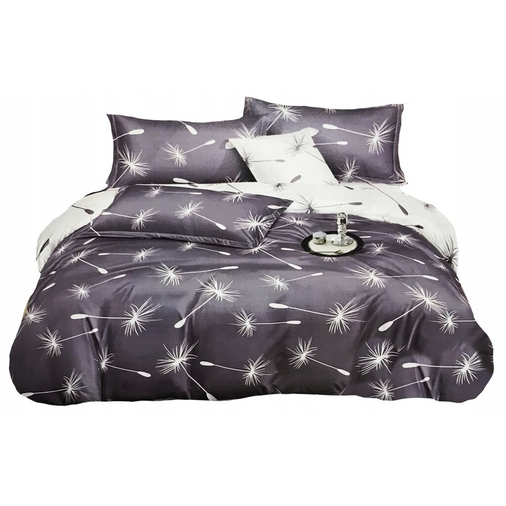 Lenjerie de pat Feretti, 160x200cm, 3 piese, satina dubla fata, alb cu dandelioni, huse 70x80cm