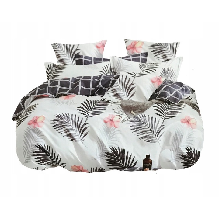Lenjerie de pat, Feretti, 160x200cm, 100% bumbac satinat, 2 perne 70x80cm, gri cu roz, model frunze palme